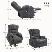 HOMCOM elektrische TV-relaxstoel met sta-op hulp, ligfunctie, verwarmings- en massagefunctie, met afstandsbediening, USB, bekerhouders en zijvak, donkergrijs(m-3)