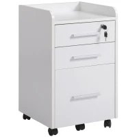 HOMCOM Caisson de bureau rangement bureau sur roulettes 3 tiroirs 1 verrouillable 1 trieur dossiers en bois blanc(m-15)