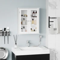 kleankin Armadietto Pensile Bagno a 2 Ante in Legno e Vetro con Ripiano Regolabile, 55x20x65 cm, Bianco(m-2)