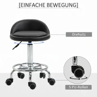 HOMCOM Verrijdbare kruk met rugleuning 57-72 cm hoogte verstelbaar draaikruk voor kantoor salon massage(m-6)