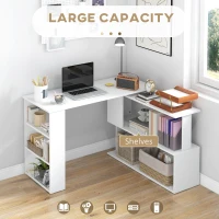 HOMCOM Corner Computer Desk, L Shaped Desk with 360° Rotating Bookshelf, 120W x 110D x 74.5H cm, White(m-4)