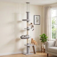 PawHut Arbre à chat du sol au plafond hauteur 230-260 cm, 3 poteaux griffoirs, hamac, en peluche, Gris clair(m-5)