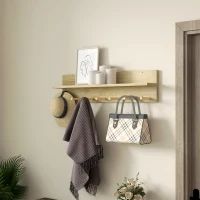 HOMCOM Estante de Pared con 7 Ganchos de Madera Balda Flotante con Perchas para Entrada Pasillo Dormitorio 80x12x20 cm Natural(m-10)