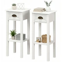 HOMCOM Juego de 2 Mesas Auxiliares Mesitas de Noche con Cajón y Estante de Almacenamiento para Dormitorio 30x30x75 cm Blanco(m-11)