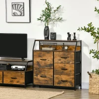HOMCOM Bedroom Chest of Drawers, Industrial 5 Fabric Drawer Dresser with Open Shelf for Living Room, Rustic Brown(m-2)