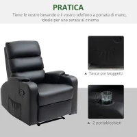 HOMCOM Poltrona Relax Reclinabile Manualmente a 165° con Poggiapiedi, Portabicchieri e Tasca in Finta Pelle, Nero(m-4)