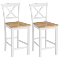 HOMCOM 2-delige Set Barstoelen met Rugleuning en Voetsteun, Rubberwood, voor Keuken, Eetkamer, Bar, Eiken + Wit(m-11)