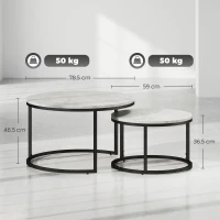 HOMCOM Set de 2 măsuțe de cafea rotunde suprapuse din metal și MDF cu efect de marmură, gri și negru(m-3)