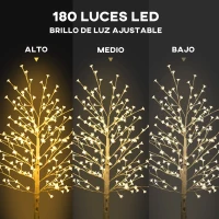 HOMCOM Árbol Sintético con 180 Luces LED IP44 con Brillo Ajustable Decoración para Interiores 21,5x21,5x180 cm Blanco(m-4)