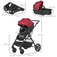 HOMCOM Foldable Baby Stoller, with Reclining Backrest, Adjustable Canopy, for Ages 0-36 Months - Red(m-3)