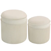 HOMCOM Lot de 2 poufs de rangement en velours, repose-pieds ronds gigognes avec couvercle amovible, Ø 36 et Ø 32 cm, crème(m-1)