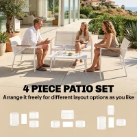 Outsunny Tuinmeubelset Zitgroep voor 4 Personen Ademend Tuinlounge met 2-zitsbank 2 Fauteuils Metalen Tafel Voetbeschermers(m-4)