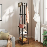 HOMCOM Kapstok met 4 niveaus, vrijstaande kledingrek, 8 haken, 4 planken, Industriële stijl, Metaal, Spaanplaat, Bruin(m-7)