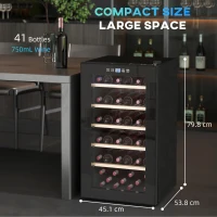 HOMCOM 41 Bottle Wine Fridge, 91 Litre Capacity, 45cm Freestanding Wine Cooler Fridge with Glass Door, LED Light, Digital Touch Screen, Temperature Control, Black(m-3)