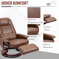 HOMCOM Relaxfauteuil met Voetensteun, 145° Verstelbare Rugleuning, 360° Draaibaar, Kunstleer, Houten Onderstel, tot 120 kg, Bruin(m-6)