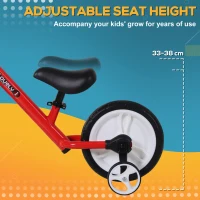 HOMCOM 11 Inch Kids Balance Bike Training Pedal Bicycle W/ Removable Stabilizers EVA Tyres Adjustable Seat Height 2 to 5 Years Gift for Boys Girls Red(m-4)