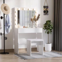HOMCOM Postazione Trucco, Toeletta Trucco con Specchio, 12 Luci LED, Sgabello Imbottito e Ampio Cassetto in Legno, 80x40x140 cm, Bianco(m-2)