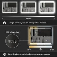 HOMCOM LED-badkamerspiegel met Bluetooth-functie, anti-condensfunctie, 3 lichtkleuren, klok, touchschakelaar, zilverkleurig(m-6)