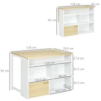 HOMCOM Isla de Cocina con Ala Abatible Mesa de Bar Alta con Múltiples Compartimentos 116x79,5x91 cm Blanco(m-3)
