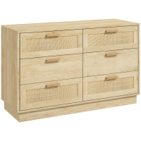 HOMCOM Commode design bohème en rotin avec 6 tiroirs, meuble de rangement pour le salon, le couloir, l'entrée, chêne