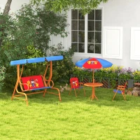 Outsunny 4 Piece Kids Garden Furniture Set with Adjustable Canopy, Cowboy Themed, Kids Garden Table and Chair Set and Double Seat Swing Chair for Patio Park Porch, for Ages 3-6 Years - Red and Blue(m-10)