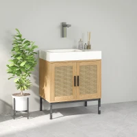 kleankin Badkameronderkast in Boho-ontwerp, Badkamerkast met Rieten Elementen, met U-vormige Uitsparing, Eiken(m-9)