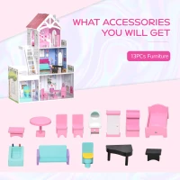 HOMCOM Kids Wooden Dolls house with Furniture Accessories 3 Storey Dollhouse for Toddler Girls 3-6 Years Pink(m-7)