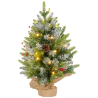 HOMCOM Mini-Weihnachtsbaum 60 cm mit LED, 141 Zweige, Zapfen, rote Beeren, Zementfuß, Grün(m-7)