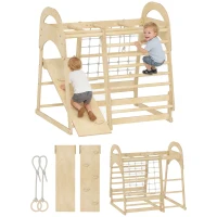 AIYAPLAY Binnen-klimrek, 6-in-1 ontwerp, glijbaan, klimstangen, klimwand, ladder, klimnet, 3-6 jaar, hout(m-11)
