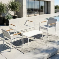 Outsunny Tuinmeubelset Zitgroep voor 4 Personen Ademend Tuinlounge met 2-zitsbank 2 Fauteuils Metalen Tafel Voetbeschermers(m-2)