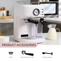 HOMCOM 5Pc Coffee Machine, Espresso & Cappuccino & Latte Maker with Milk Frothing Steamer, 1.5L Removable Water Tank, 2 Cups, 1250W(m-14)
