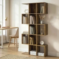 HOMCOM 5-Tier Bookshelf, S Shaped Geometric Bookcase with 15 Compartments, Rustic Brown(m-2)