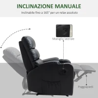 HOMCOM Poltrona Relax Reclinabile Manualmente a 165° con Poggiapiedi, Portabicchieri e Tasca in Finta Pelle, Nero(m-5)