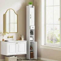 HOMCOM Tall Bathroom Cabinet, Farmhouse Slim Bathroom Storage Cabinet with Barn Doors, Toilet Paper Roll Holder, Drawer and Adjustable Shelves, Narrow Bathroom Storage Unit, 20 x 20 x 185cm, White(m-10)