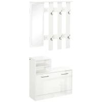 HOMCOM Móvel Cabide de Entrada com Espelho Cabide e Sapateira com 6 Ganchos e Prateleiras para 8 Pares de Sapatos Branco Brilhante(m-11)