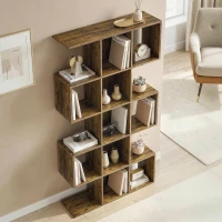 HOMCOM 5-Tier Bookshelf, S Shaped Geometric Bookcase with 15 Compartments, Rustic Brown(m-9)
