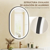 HOMCOM Espejo de Baño con Luz 60x90 cm Espejo de Pared Ovalado 3 Colores de Luz Brillo Regulable Función Antivaho Negro(m-8)