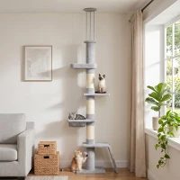 PawHut Arbre à chat du sol au plafond hauteur 230-260 cm, 3 poteaux griffoirs, hamac, en peluche, Gris clair(m-3)