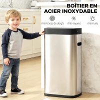 HOMCOM Poubelle de cuisine automatique 50L, poubelle à capteur de mouvement, fonctionne sur piles, 26,5x35,5x68cm, argent(m-6)