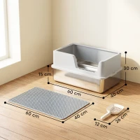 PawHut Bac Litière pour Chat en INOX Couvercle Bords Hauts Pelle et Tapis Anti-Adhérent Anti-Odeurs 60x40x30cm Gris Clair(m-3)