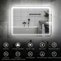 HOMCOM Badkamerspiegel met LED-verlichting, anti-condenspad, 3 instelbare lichtkleuren en klok, 80 x 60 cm, zilver(m-4)