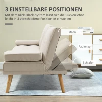 HOMCOM Slaapbank 3-zits, verstelbare rugleuning met inklaptafel, twee armkussens, linnenlook, beige, 181 x 77 x 78 cm(m-5)