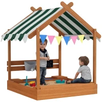 Outsunny Zandbak met zonbescherming, speelhuisdesign, met speelgoedset, behandeld massief hout, 124 x 116 x 146 cm, groen(m-11)