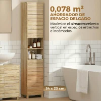 HOMCOM Armario Alto para Baño con Estantes Ajustables Puertas de Lamas Apertura por Presión 34x23x170 cm Natural(m-4)