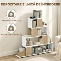 HOMCOM Bibliotecă cu 5 Rafturi Tip Trepte, Alb și Lemn Natural(m-6)