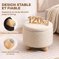 HOMCOM Pouf Coffre de Rangement Rond en Toile de Jute, Repose-pieds avec Couvercle, Pieds Bois Hévéa, Beige(m-7)