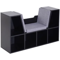 HOMCOM Bücherregal mit Sitzhocker Sitzbank Sitzbänke & -truhen mit 6 Stauräumen für Aufbewahrung Sitzbar mit Kissen Spanplatte Schaumstoff Leinen Schwarz+Grau 102 × 30 × 61 cm(m-1)