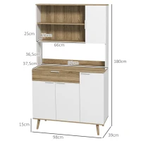 HOMCOM Armário de Cozinha Alto com 4 Portas, Prateleiras Ajustáveis, Gaveta e Compartimentos Abertos, 98x39x180 cm, Branco e Natural(m-3)
