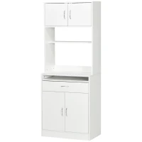 HOMCOM Armário de Cozinha com 4 Portas Bandeja Amovível Prateleira Ajustável Gaveta e Bancada para Micro-Ondas 70x40x180 cm Branco(m-12)