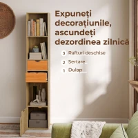 HOMCOM Bibliotecă Îngustă cu 6 Rafturi, Sertare, Ușă și Polițe Deschise, 30x24x158 cm, Stejar(m-4)